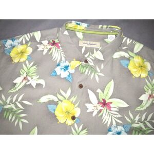 Tommy Bahama 100% Silk Gray Floral Button Up Hawaiian Shirt Men's XXL Tall
